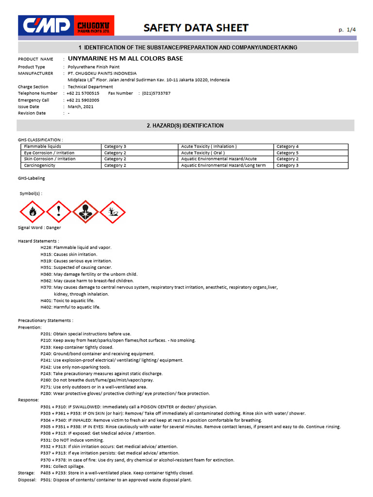 Sds Unymarine Hs M All Colors Base+Hardener | PDF | Fires | Personal ...