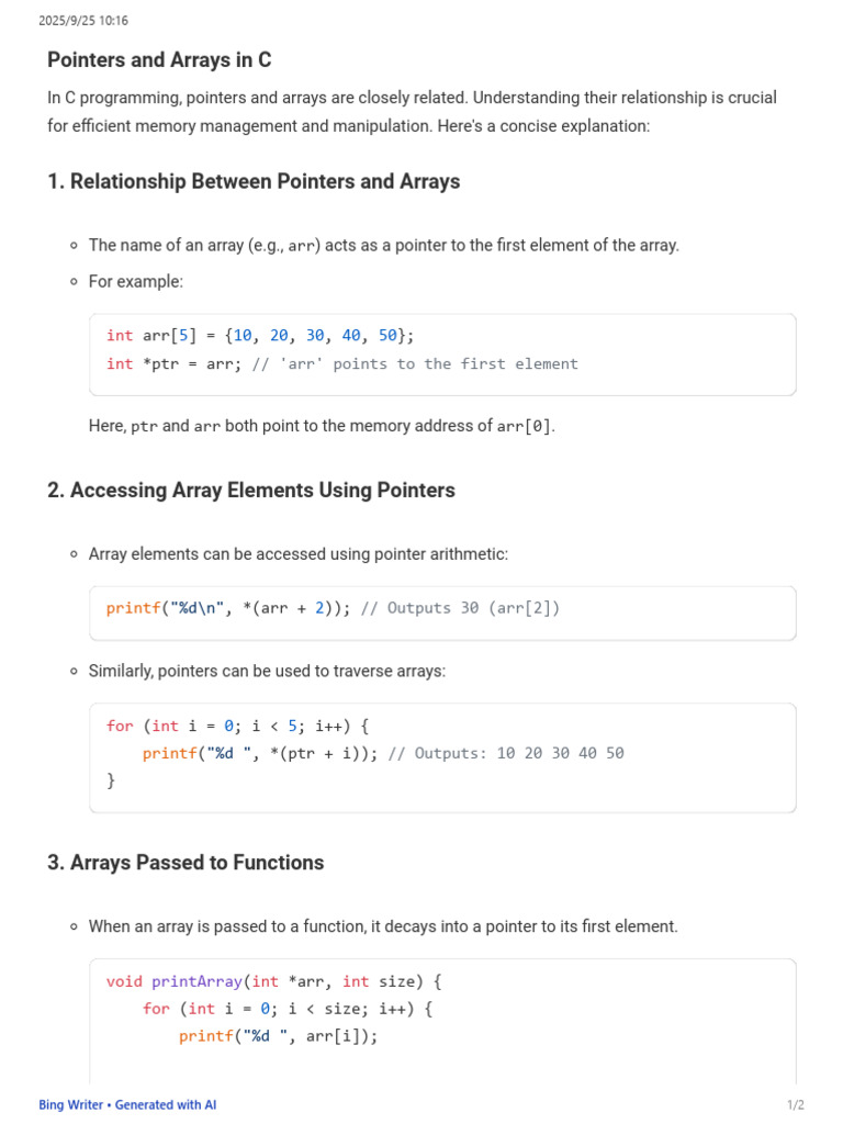 Pointer and Arrays in C 2025-09-25 | PDF