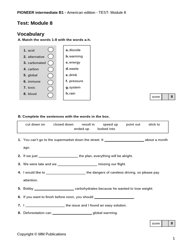 Pioneer Intermediate B1 Tests Module 8 | PDF | Foods