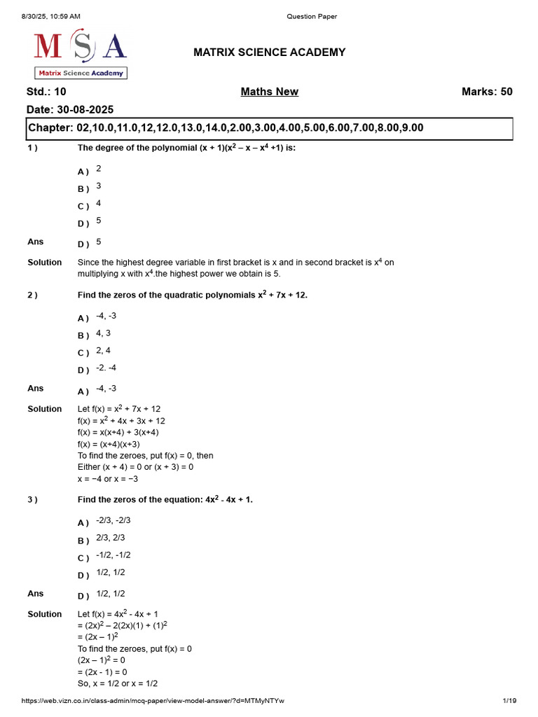 10TH Cbse Major Test Sol | PDF | Circle | Sphere