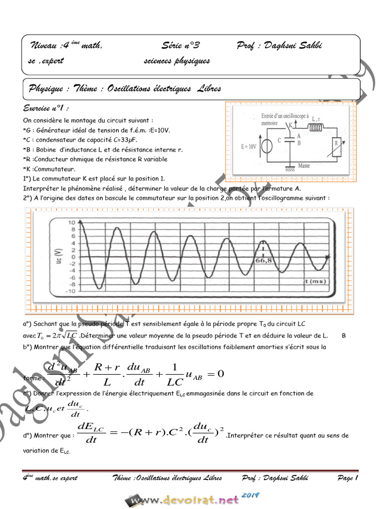 Série D'exercices N°3 - Sciences Physiques - RLC LIBRES - Bac Sciences ...