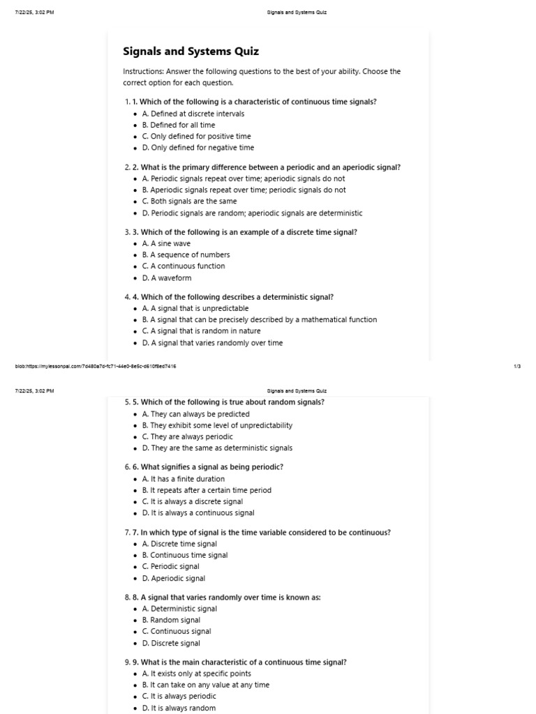 Signals and Systems Quiz | PDF | Discrete Time And Continuous Time ...
