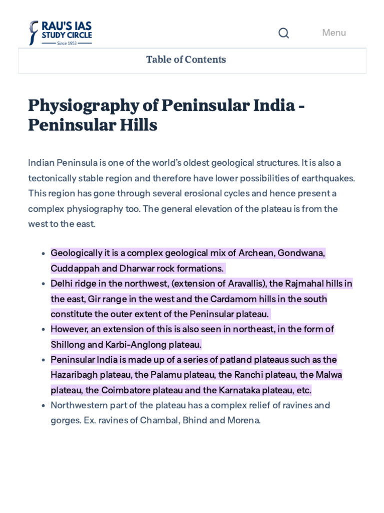 Physiography of Peninsular India - Peninsular Hills - Rau's IAS | PDF ...