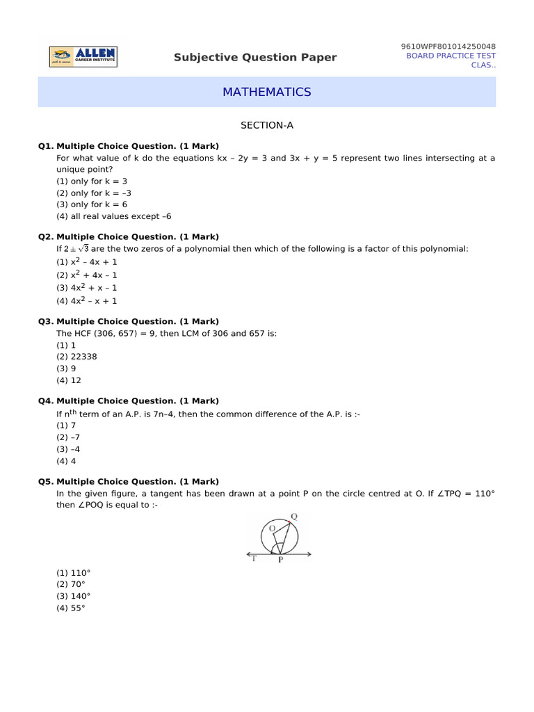 Question Paper | PDF | Equations | Circle