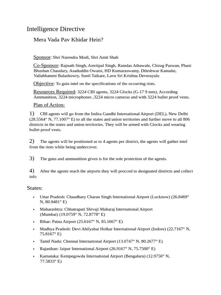 Intellegenc Directive | PDF | Politics Of India | Government Of India