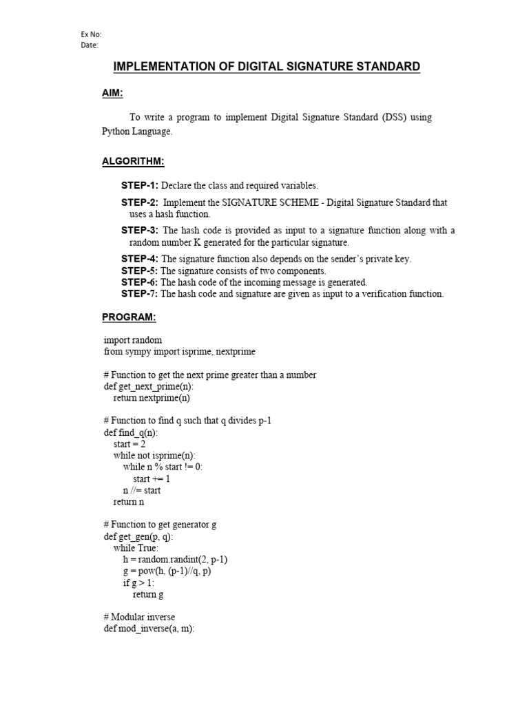 Implementation of Digital Signature Standard: Ex No: Date | PDF ...
