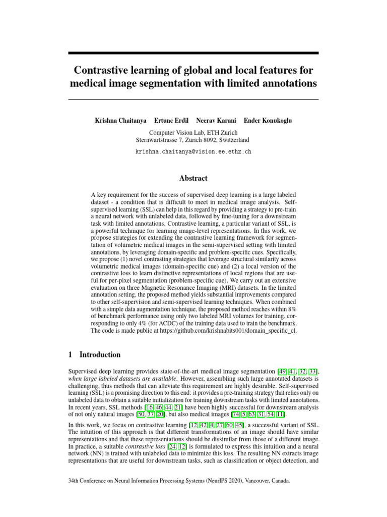 Contrastive Learning of Global and Local Features For Medical Img Seg W ...