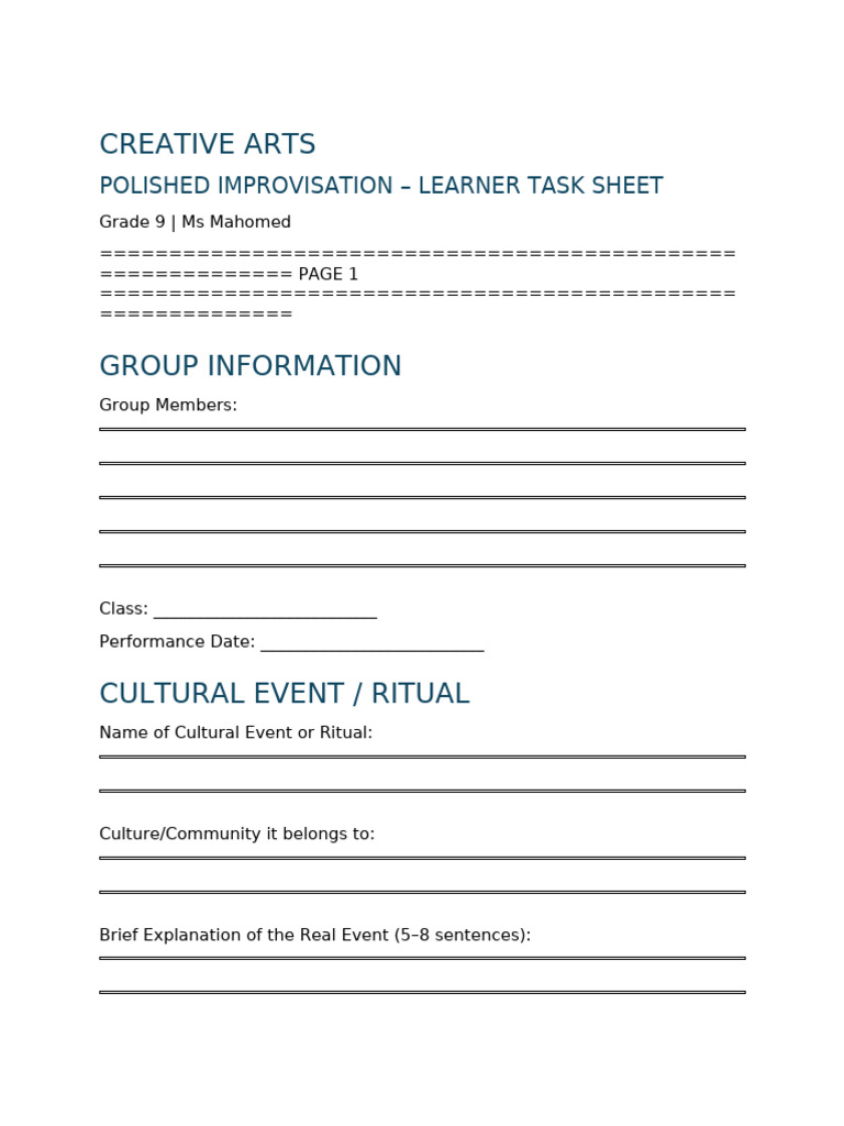 Grade 9 Polished Improvisation Project Handout | PDF | Psychology ...