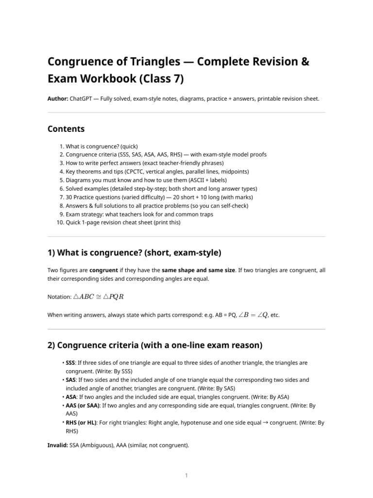 Congruence of Triangles - Complete Revision & Exam Workbook (Class 7 ...