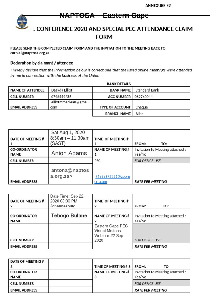 Annexure E2 CLAIM FORM FOR PROV EC NAPTOSA VISUAL CONFERENCE 2020 | PDF