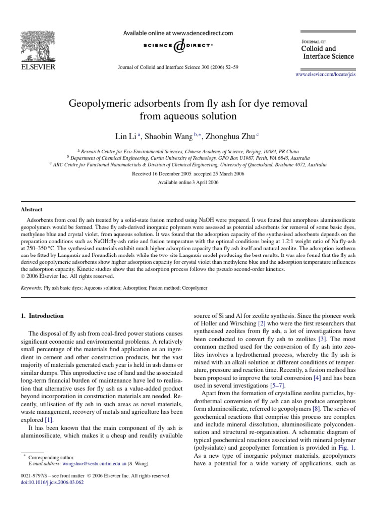 Fly Ash Based GP For Dye Removal | PDF | Adsorption | Physical Chemistry