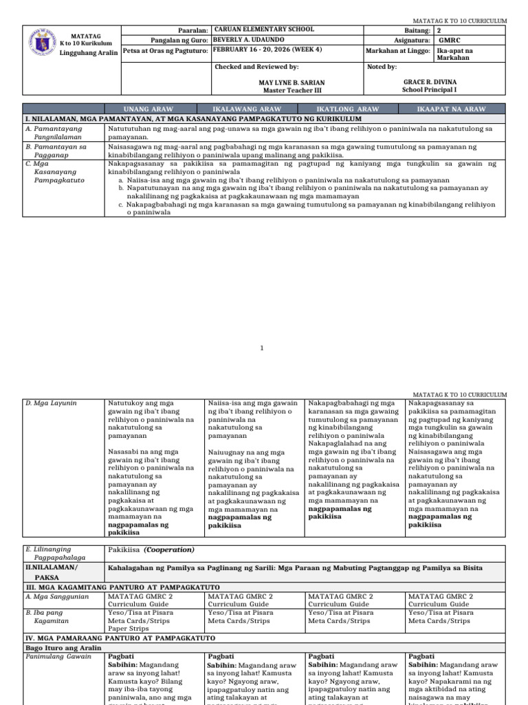 DTC DLL Matatag GMRC 2 q4 w4 | PDF