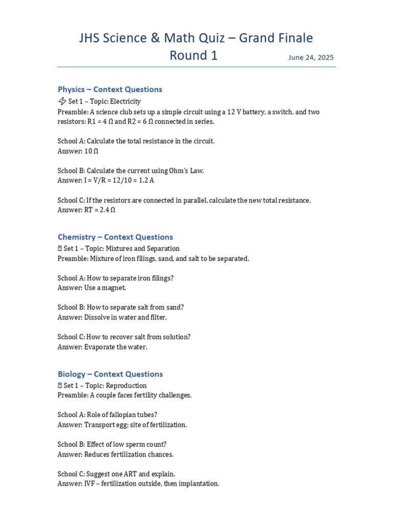 JHS3 Quiz - Questions | PDF | Chemistry