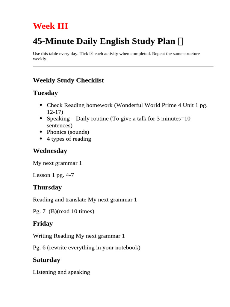 Study Plan Week III | PDF