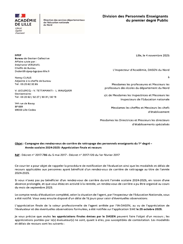 Courrier IA-DASEN Notification Appréciation Finale RDVC Rattrapage 2024 ...