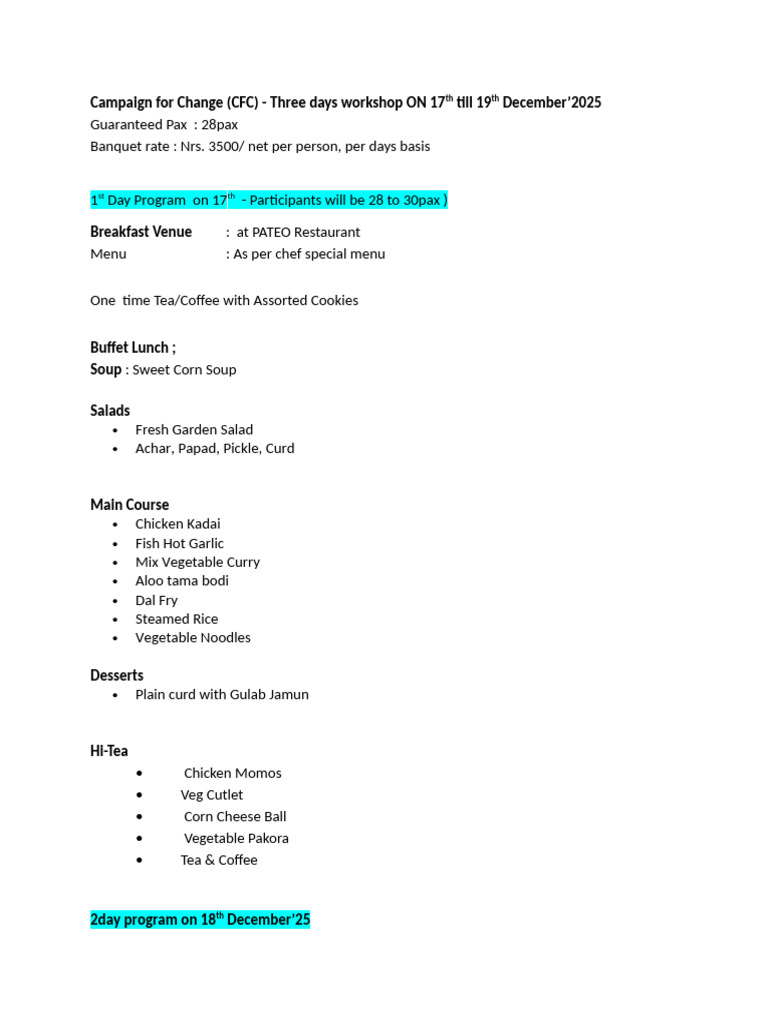 Three Days Menu - CFC | PDF