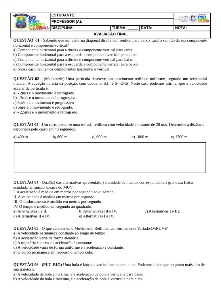 Avaliação Final de Física - 1 Ano - 2025 | PDF | Trajetória | Velocidade