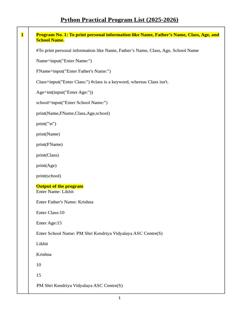 Python Practical Program List - (2025-2026) | PDF | Programming ...