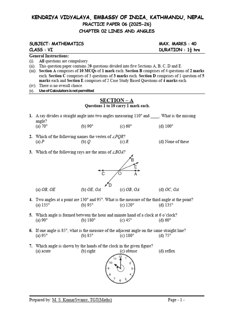 Maths Class Vi Chapter 02 Lines and Angles Practice Paper 06 2025 QP ...