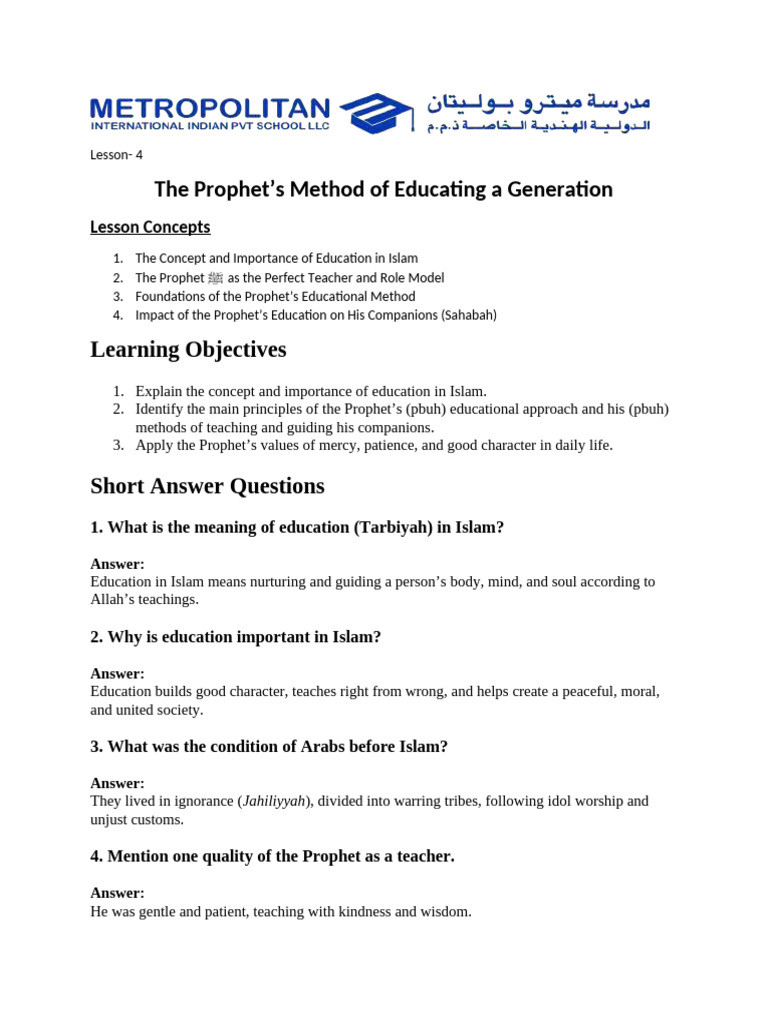 Notes, Prophet's Method of Educating A Generaton | PDF | Muhammad | Wisdom