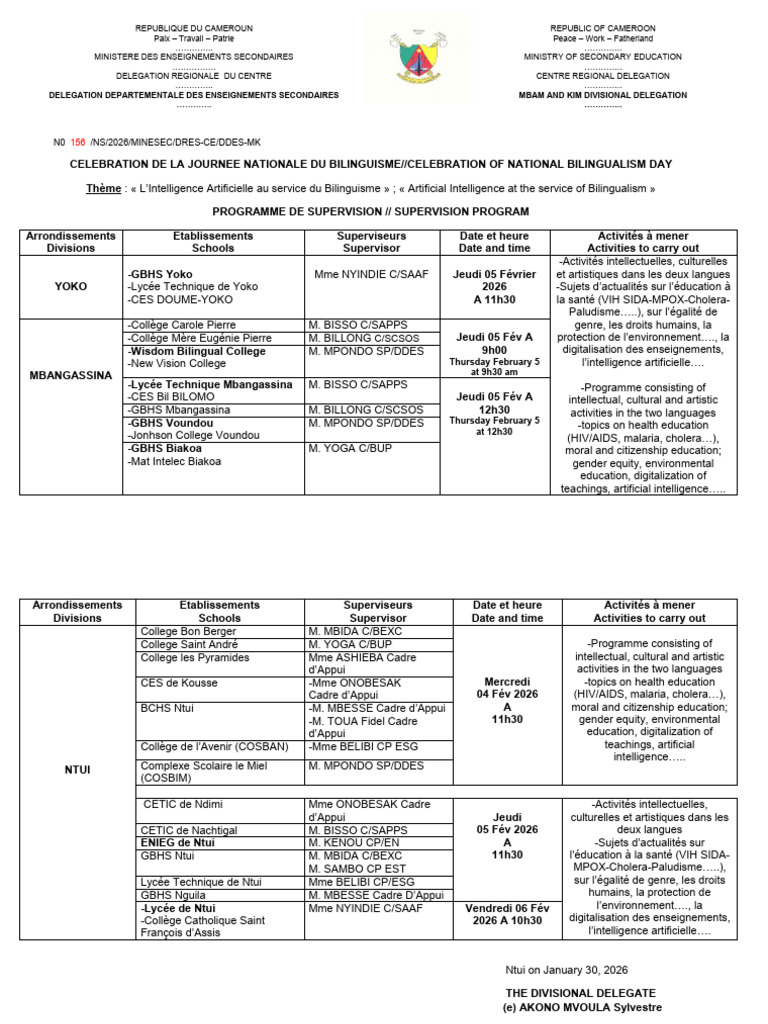 Supervision Semaine Nationale Du Bilinguisme Mbam Et Kim | PDF