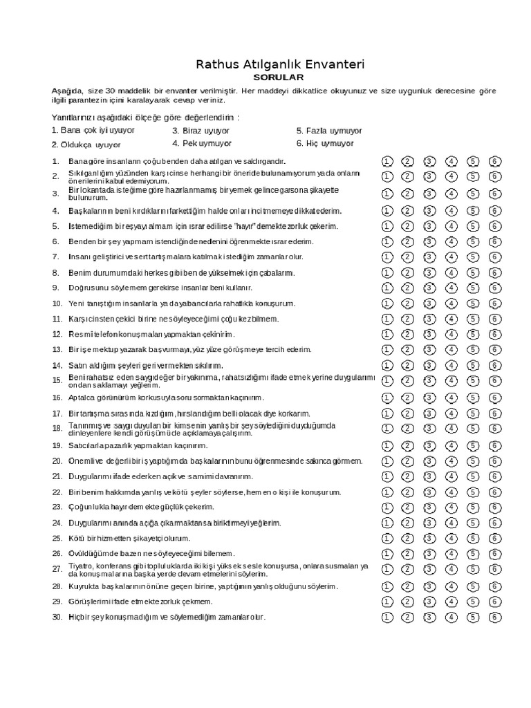 Rathus Atilganlik Envanteri | PDF