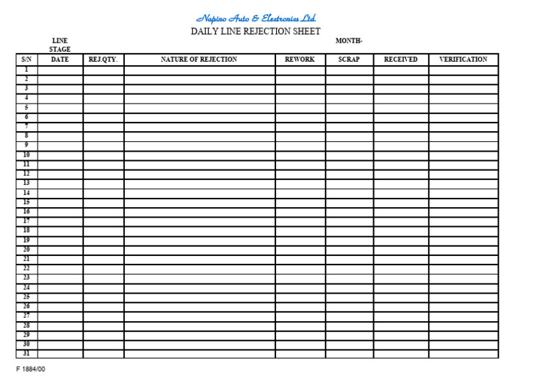 F 1884 Daily Line Rejection Sheet | PDF