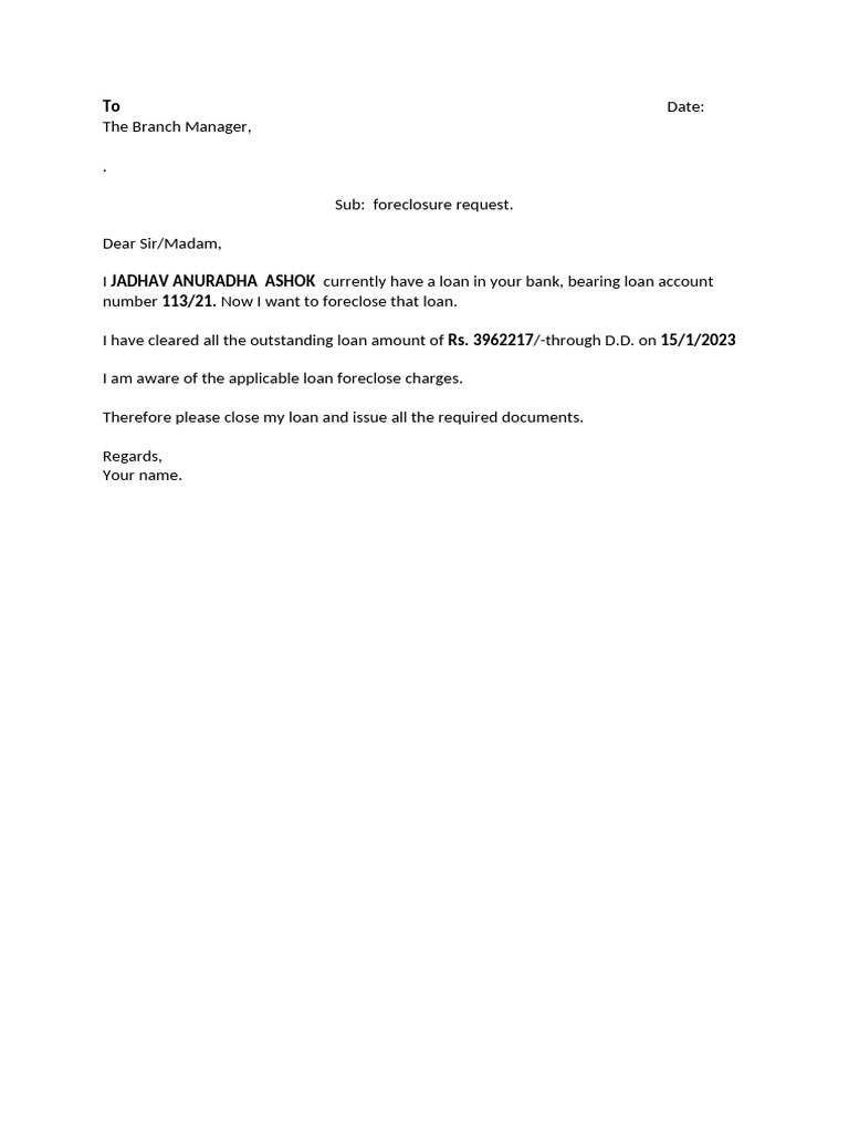 Loan Foreclosure Letter Format in Word | PDF