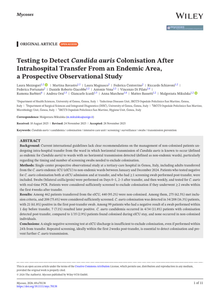 Testing To Detect Candida Auris Colonisation After | PDF | Intensive ...