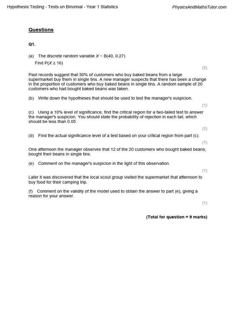 Hypothesis Testing - Tests On Binomial | PDF | Hypothesis | Statistics