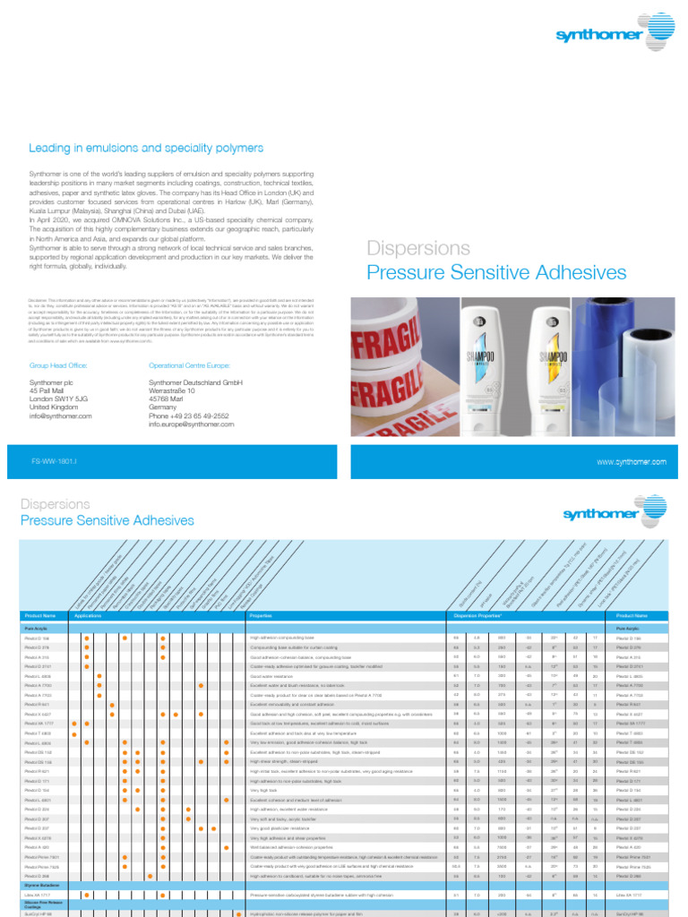 Synthomer Product Selector Pressure Sensitive Adhesive | PDF | Materials