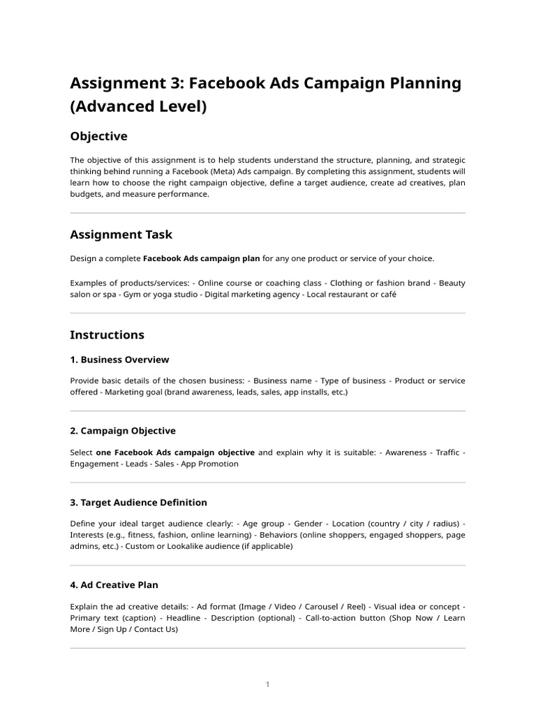 Facebook Ads Campaign Planning Assignment | PDF | Advertising | Target ...