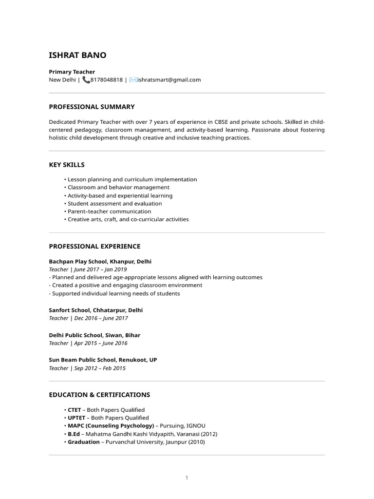 Ishrat Bano - Primary Teacher Resume | PDF