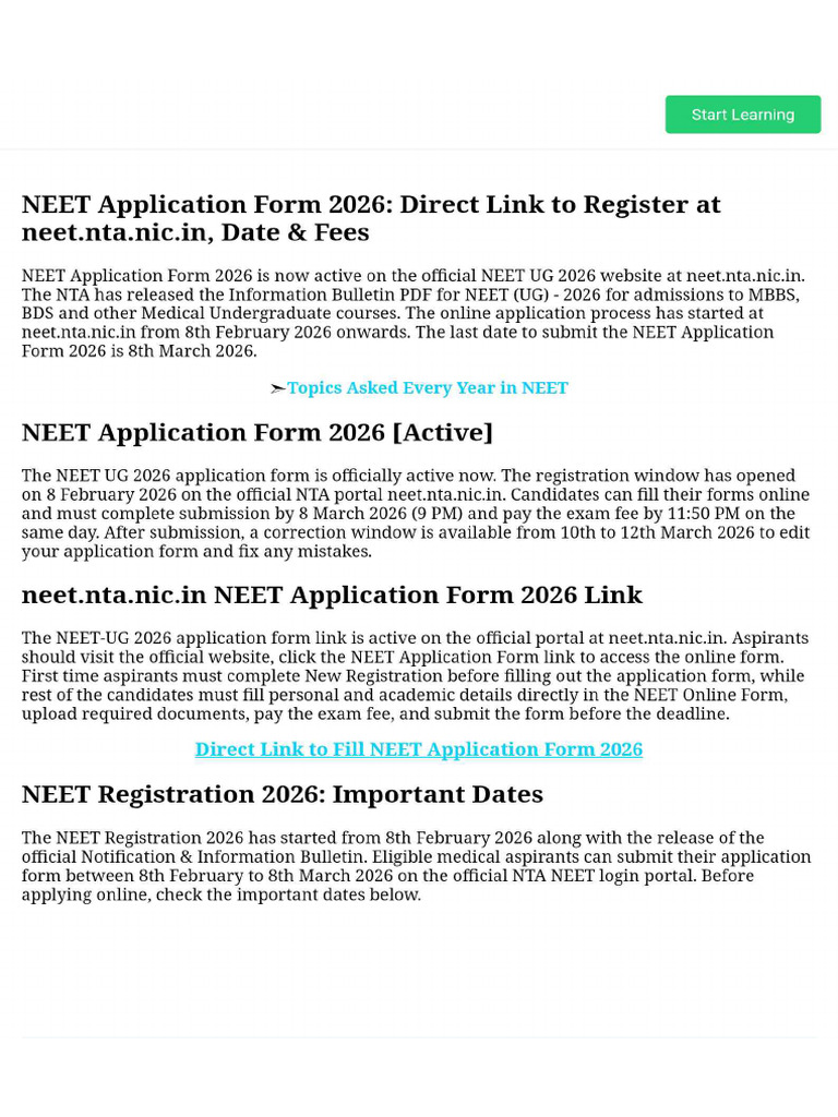 NEET Application Form 2026 - Direct Link To Register at Neet - Nta.nic ...