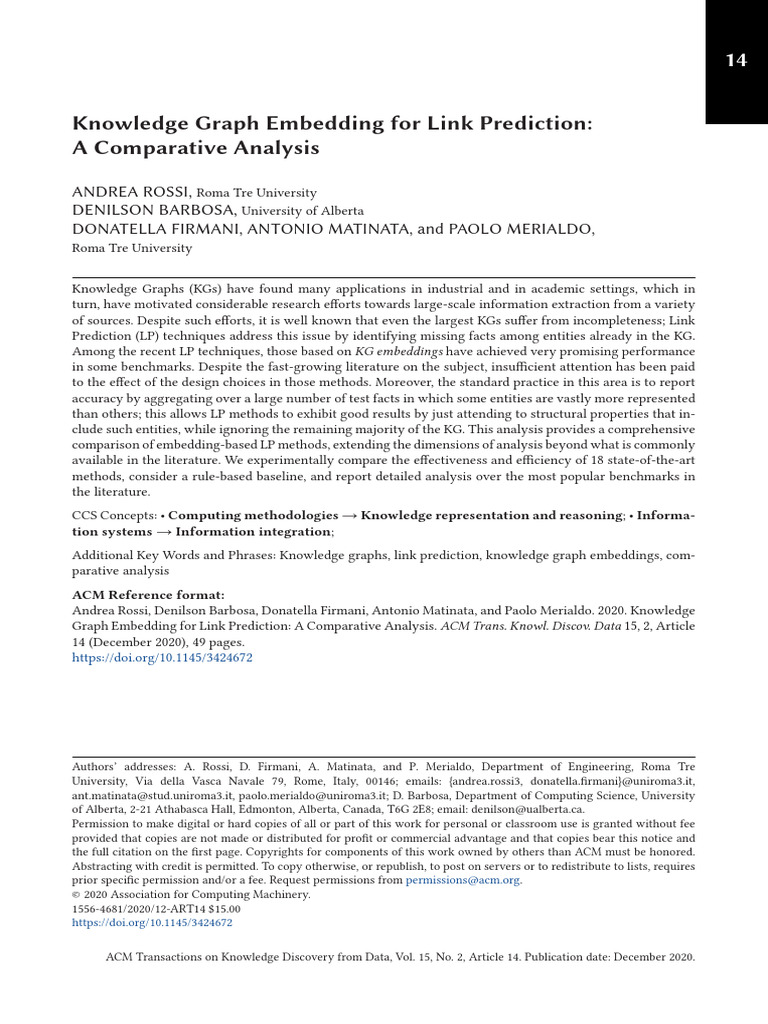 Rossi 2021 - Knowledge Graph Embedding For Link Prediction | PDF ...