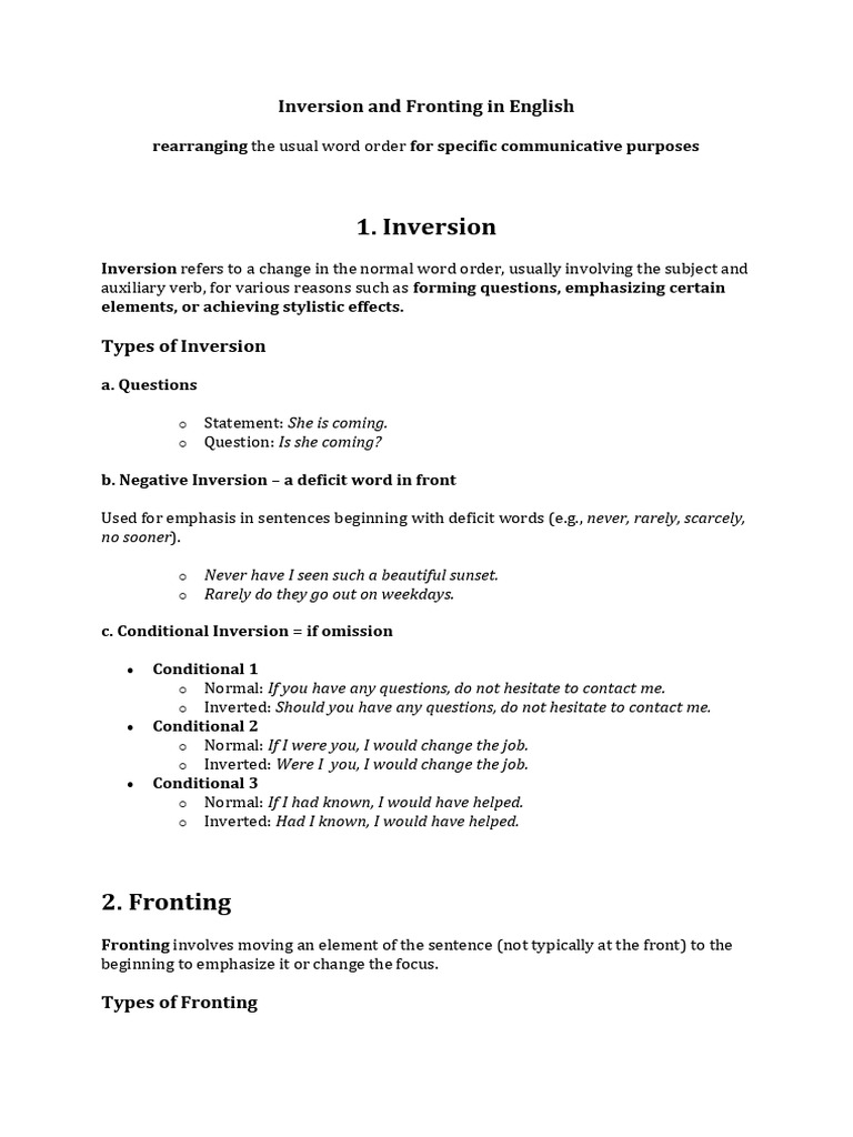 Understanding Inversion and Fronting Exercises | PDF | Sentence ...