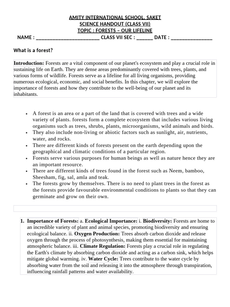 Forest Our Lifeline Worksheet | PDF | Forests | Trees