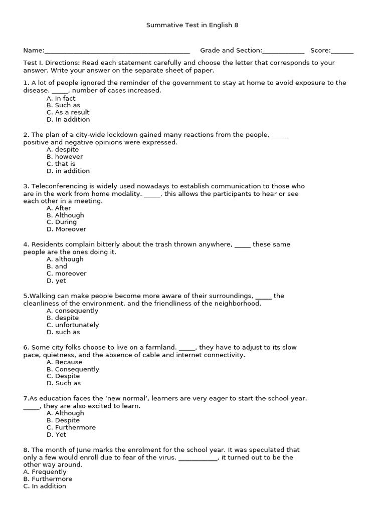 Summative Test in English 8 | PDF