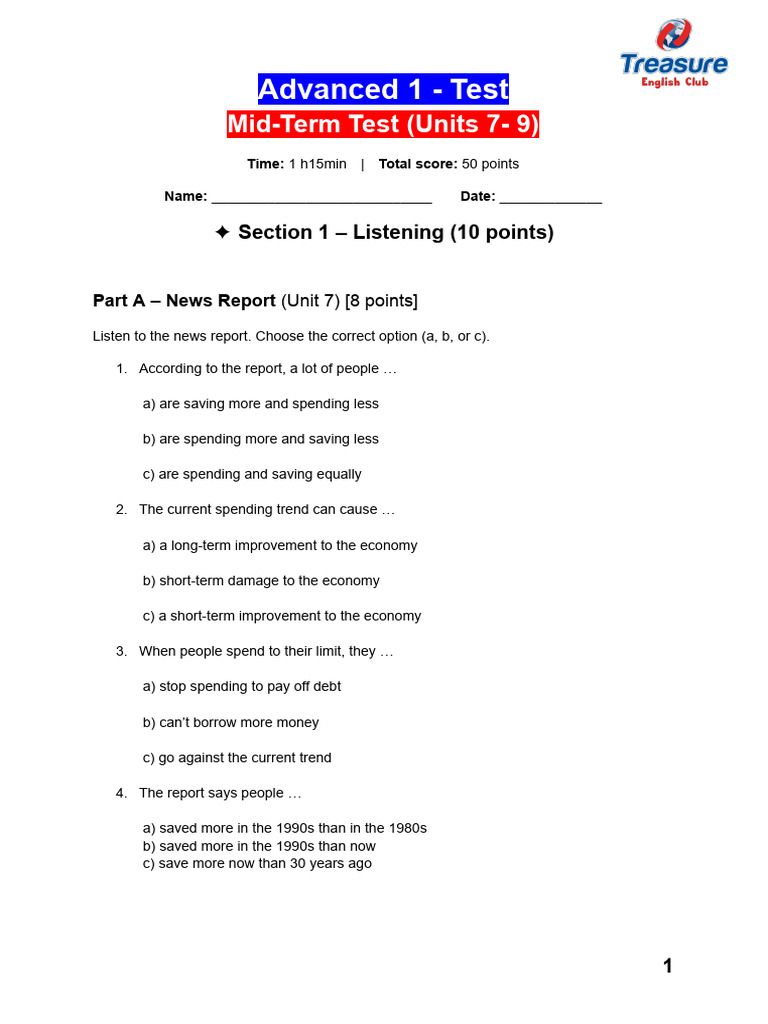 Advanced 1 - Mid-Term Test (Units 7 - 9) | PDF