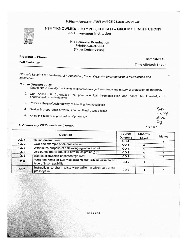 NSHM Mid Sem Exam | PDF