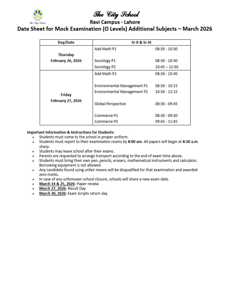 Mock 2025-26 O Level Date Sheet Additional Subjects-1 | PDF