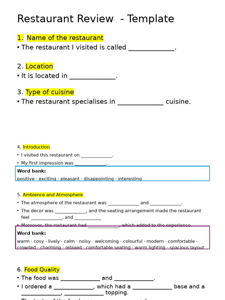 Restaurant Review - Template | PDF | Restaurants | Food And Drink ...