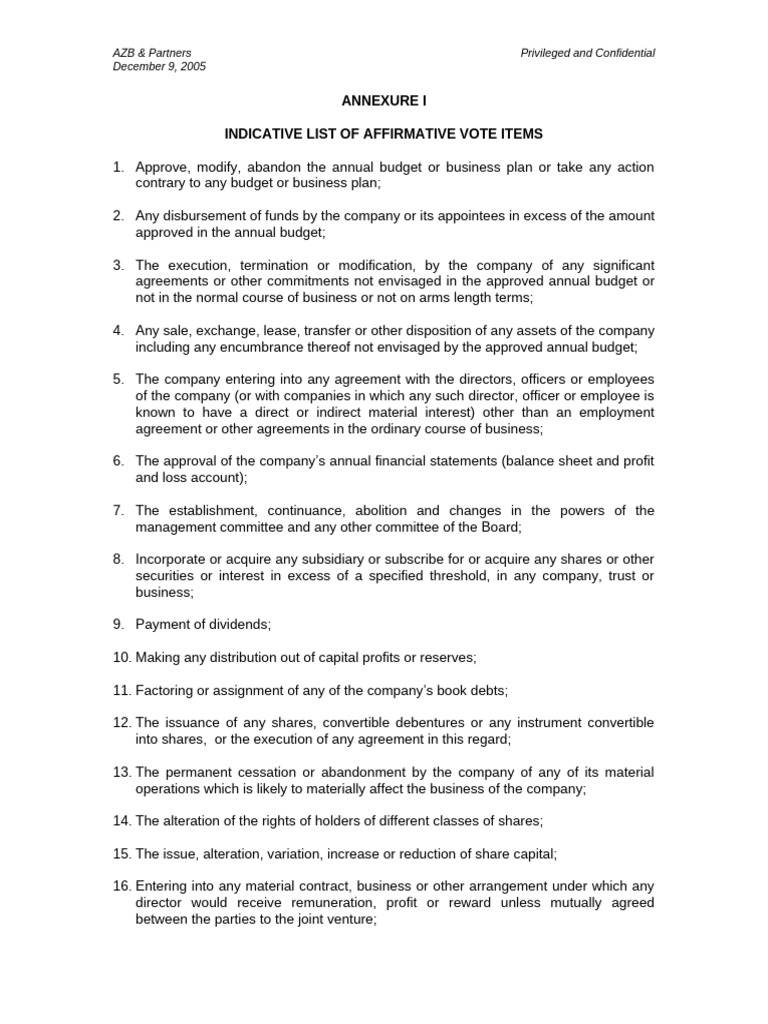 Annexure I-List of Affirmative Vote Items | PDF | Liquidation | Business