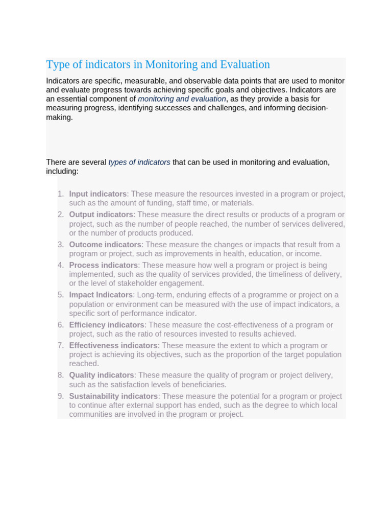 Type of Indicators in Monitoring and Evaluation | PDF