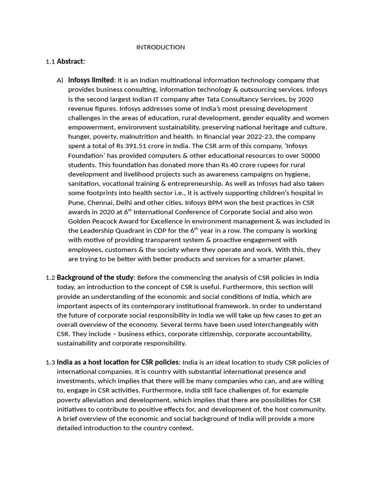 Corporate Social Responsibility (CSR) of INFOSYS | PDF | Corporate ...