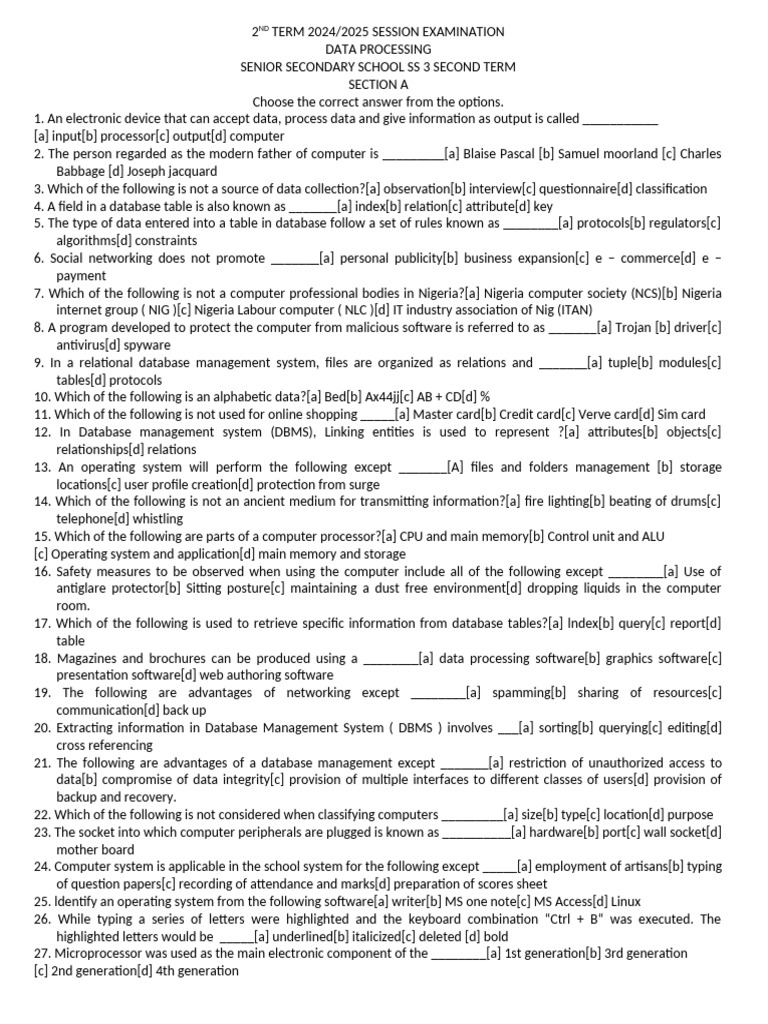 Data Processing Second Term Examination 2026 | PDF | Internet & Web ...