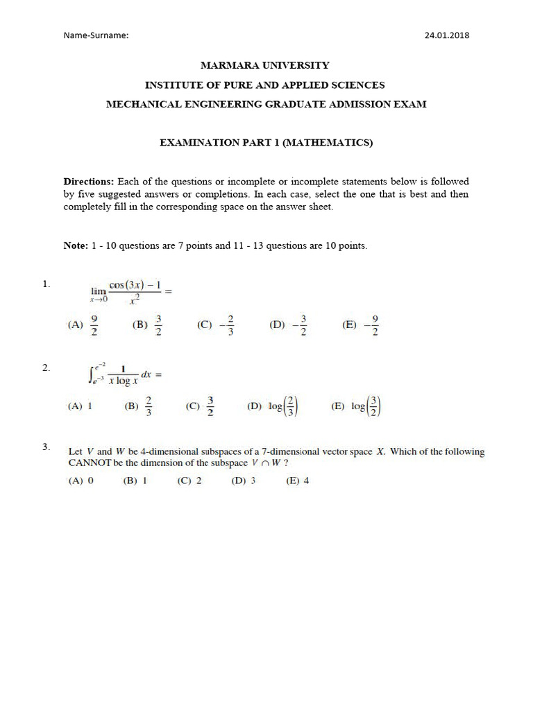 Mu Mechanical Engineering Graduate Admission Exam | PDF