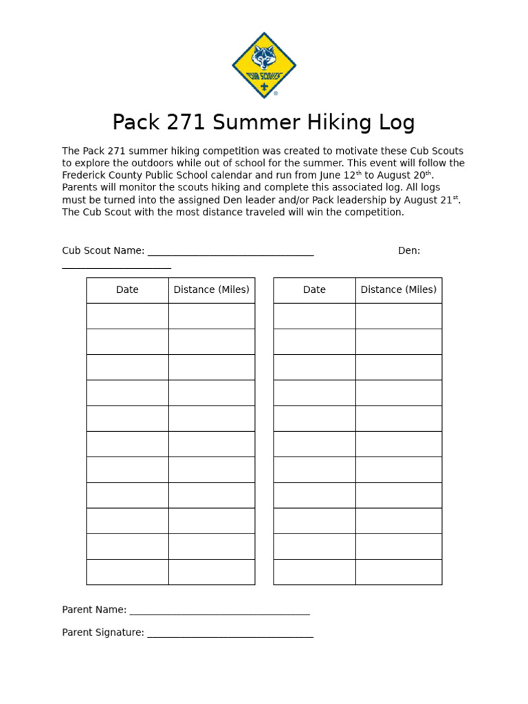 Pack 271 Summer Hiking Log | PDF
