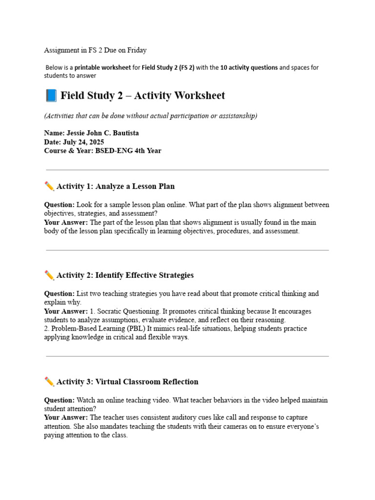 FS 2 Activity Worksheet | PDF | Lesson Plan | Learning