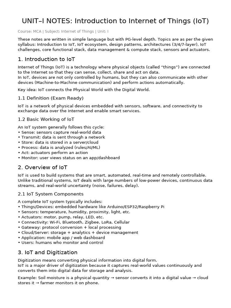 Unit-I Iot Notes Mca | PDF | Internet Of Things | Sensor